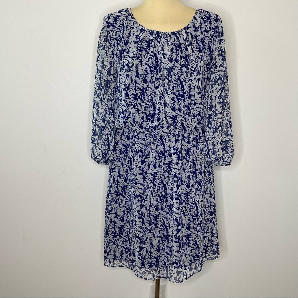 AB Studio Blue Floral Sheer Sleeve Dress